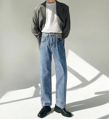 Minimalist Style High-end Jeans Men's Trousers Solid Color Loose Straight Denim Pants Male Draped Dark Blue Trousers